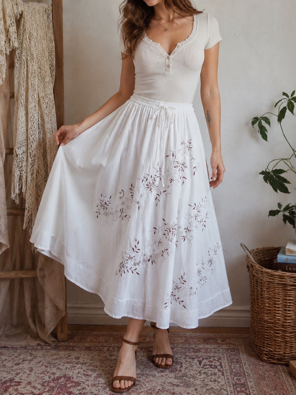 Vintage Metro Wear 100% Cotton White Embroidered Midi Maxi Skirt M